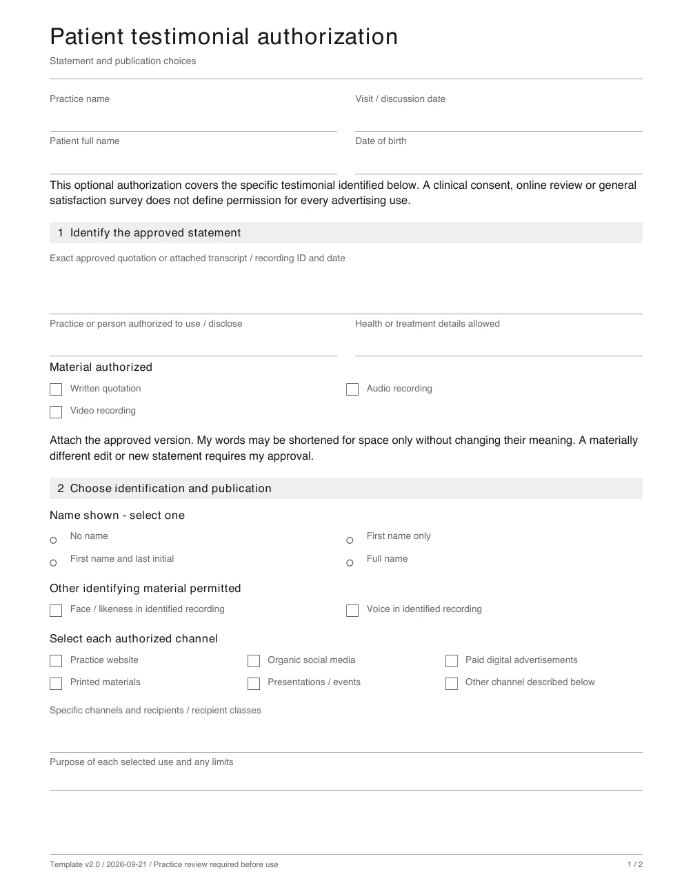 Sample patient discussion page from the patient testimonial authorization